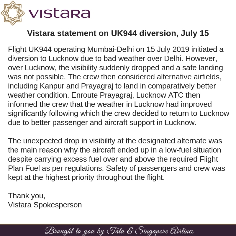 Vistara航空关于UK944航班声明