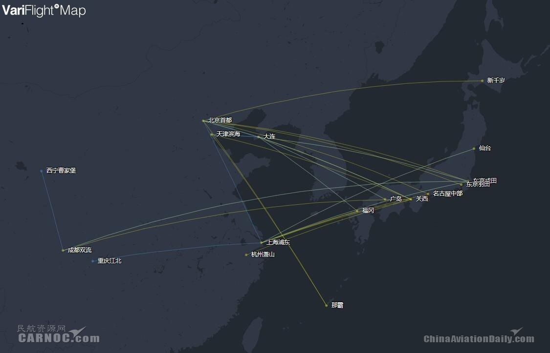 国航日本航线网络图