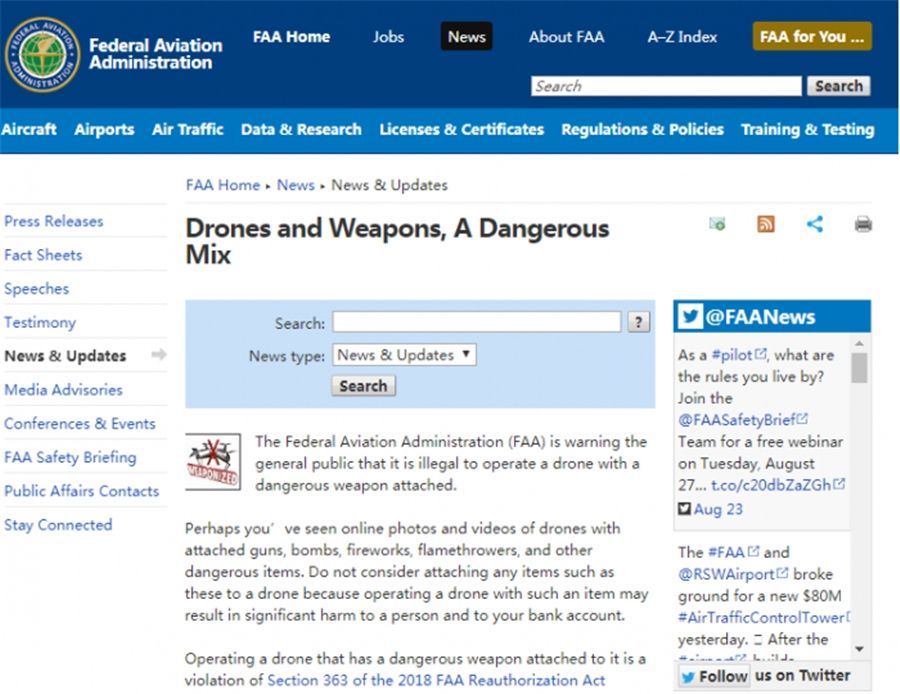 FAA警告：“操作带有危险武器的无人机是非法的”-海运订舱