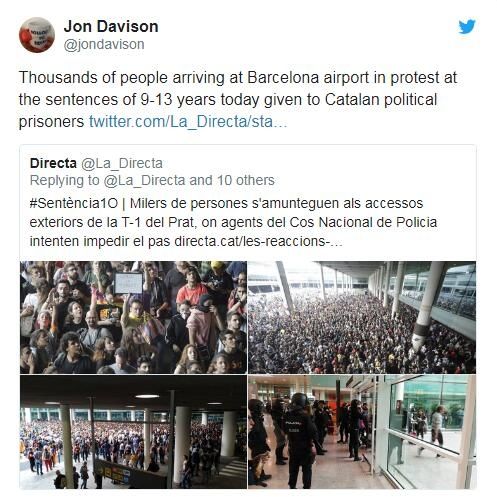 Twitter截图：巴塞罗那机场抗议示威