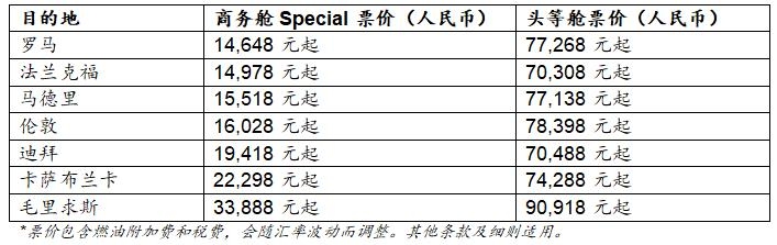 国际快递价格表阿联酋航空首次面向中国市场推出商务舱特价机票