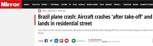 外媒：巴西一飞机坠毁撞上汽车 住宅区街道升起浓烟