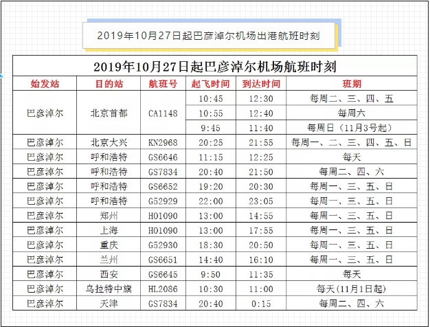 欧洲航运代理-10月27日起，巴彦淖尔机场开始执行新的航班时刻（附图）