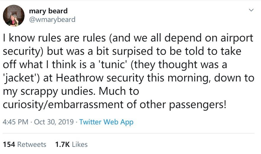 英女主持人分享过安检被要求当众脱紧身上衣的尴尬经历　摄影：推特