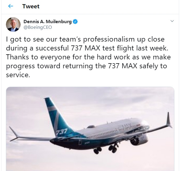 波音CEO：737MAX测试飞行成功 见证团队专业性