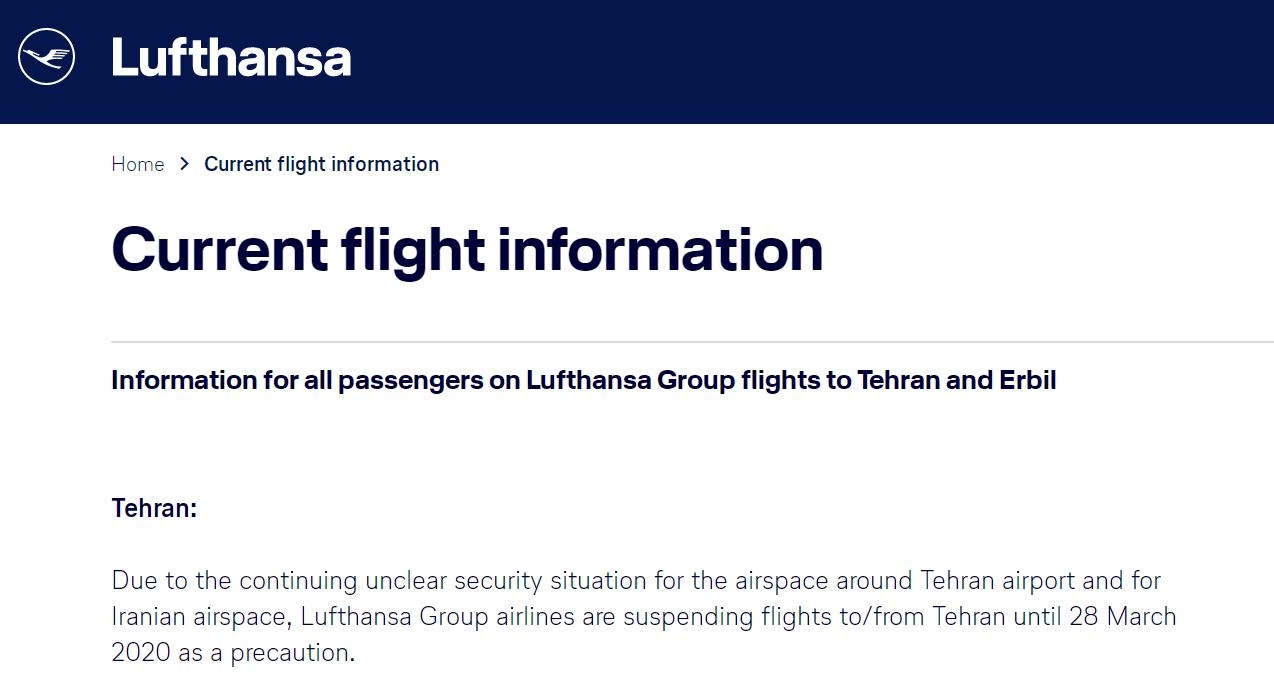 汉莎航空将停飞德黑兰航线至3月28日