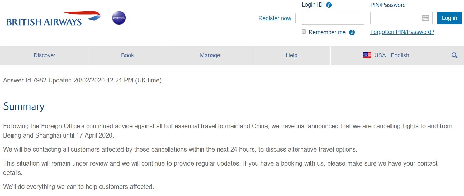 英航：延长暂停北京、上海航班至4月17日