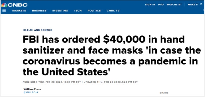 CNBC：FBI已经订购了4万美元的消毒洗手液和口罩