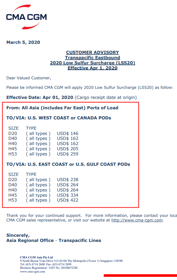 上海国际快递-图：CMA达飞关于2020低硫附加费LSS以及燃油附加费BAF调整通知
