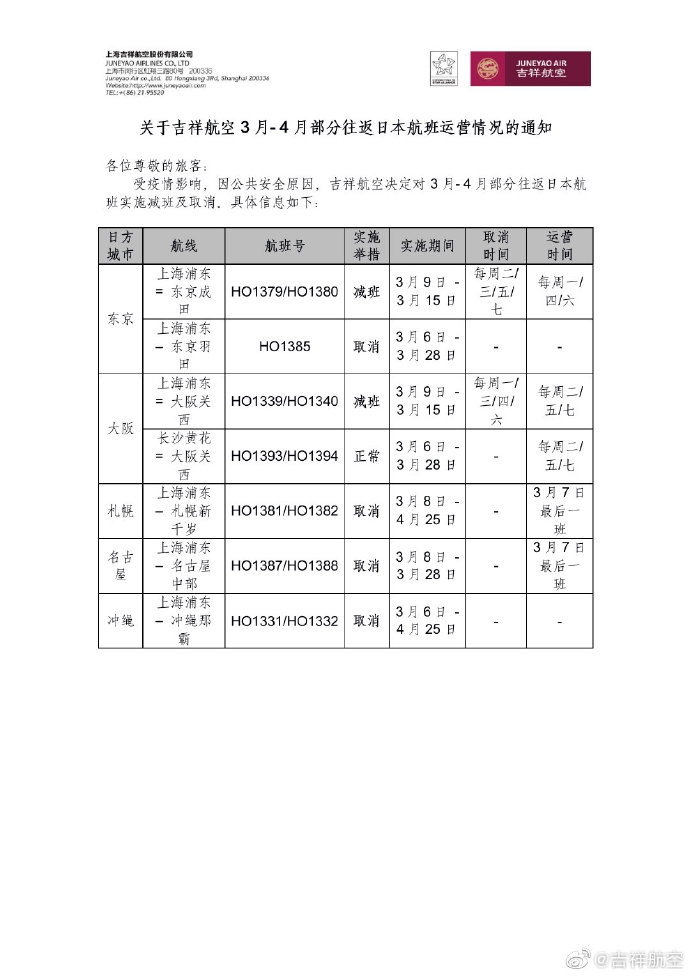 吉祥航空通知