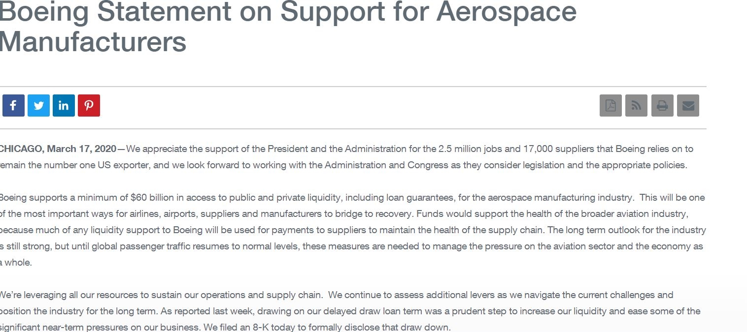 波音呼吁美国政府向航空业提供600亿美元援助