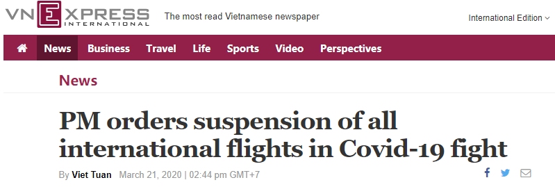 越南媒体：越南总理下令禁止所有国际航班入境