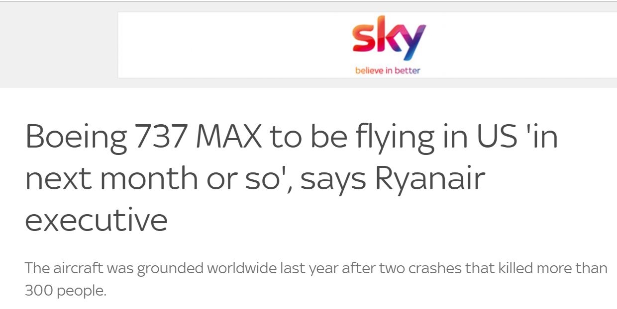 瑞安航空：737MAX下个月或将在美国恢复运营