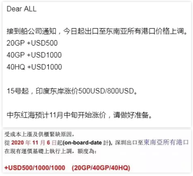 爆舱缺箱加剧！东南亚正式涨价！中东印巴等预计11月中旬大涨！船公司海运附加费来袭！（附图）
-空运1吨收费标准